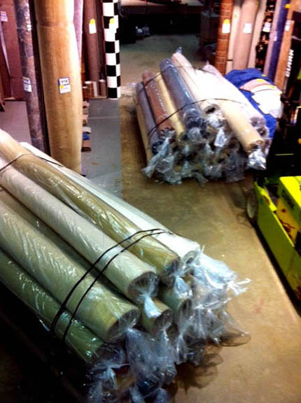 First quality remnants being delivered from a carpet mill in large bundles.