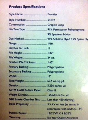 Typical specifications for commercial carpet.